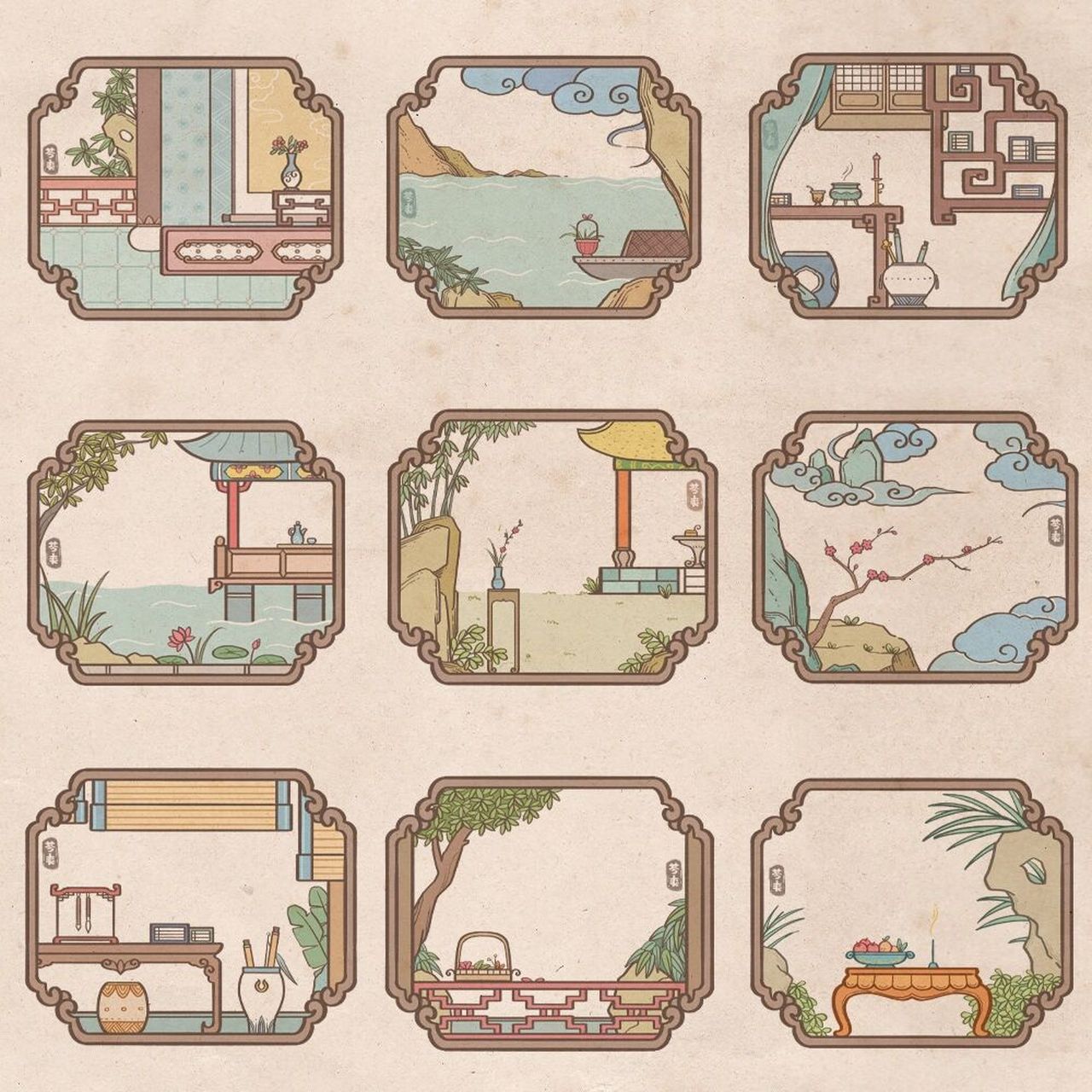 原创|古风建筑|场景|简笔画 【方框里的小世界】把那些美好的古风小