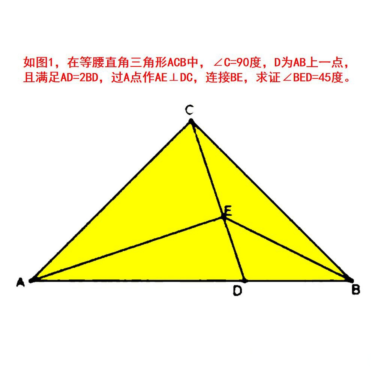 如图1,在等腰直角三角形acb中,∠c=90度,d为ab上一点,且满足ad=2bd,过