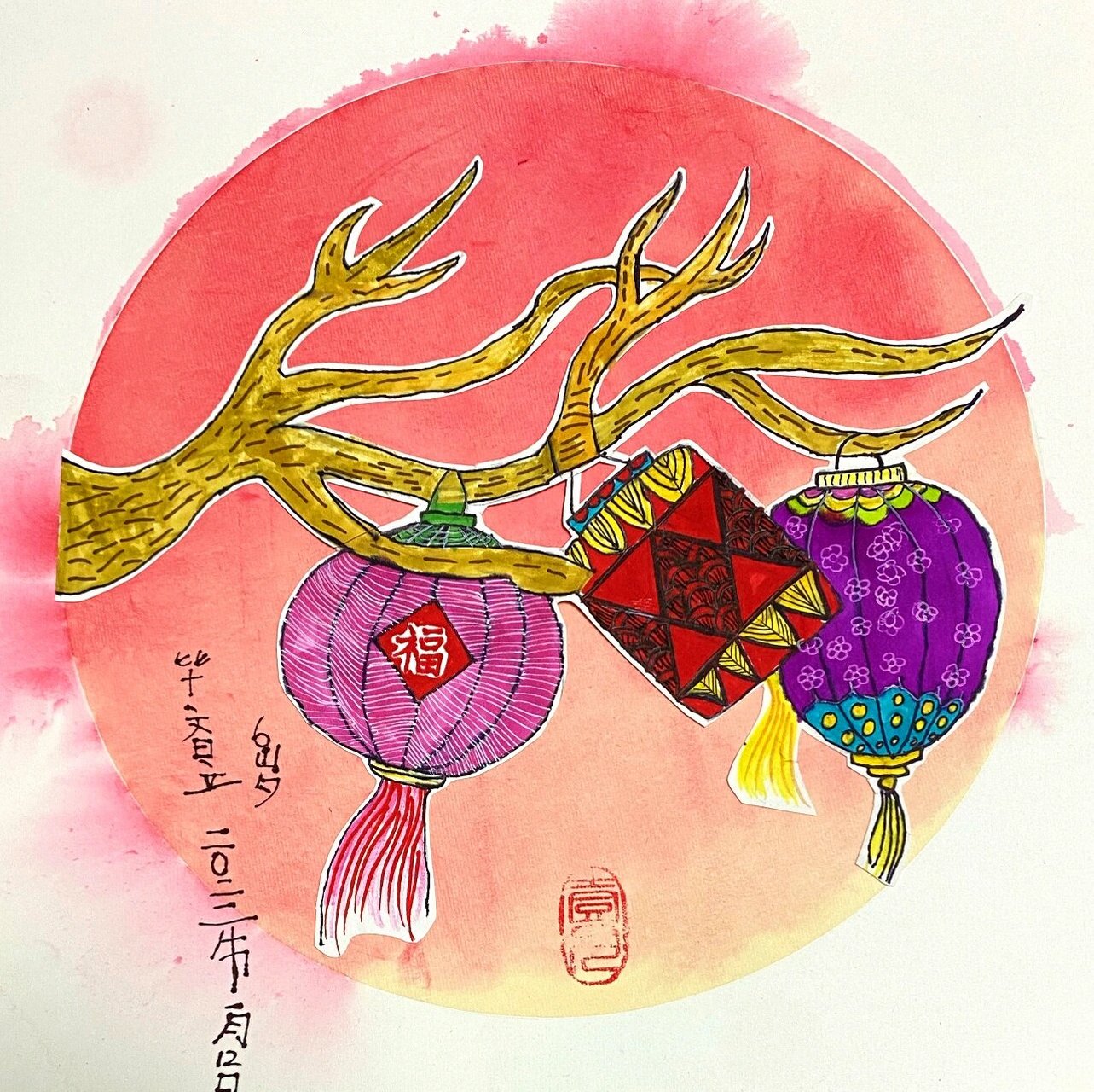 挂灯笼! 水彩颜料打底 灯笼画白纸上剪下来