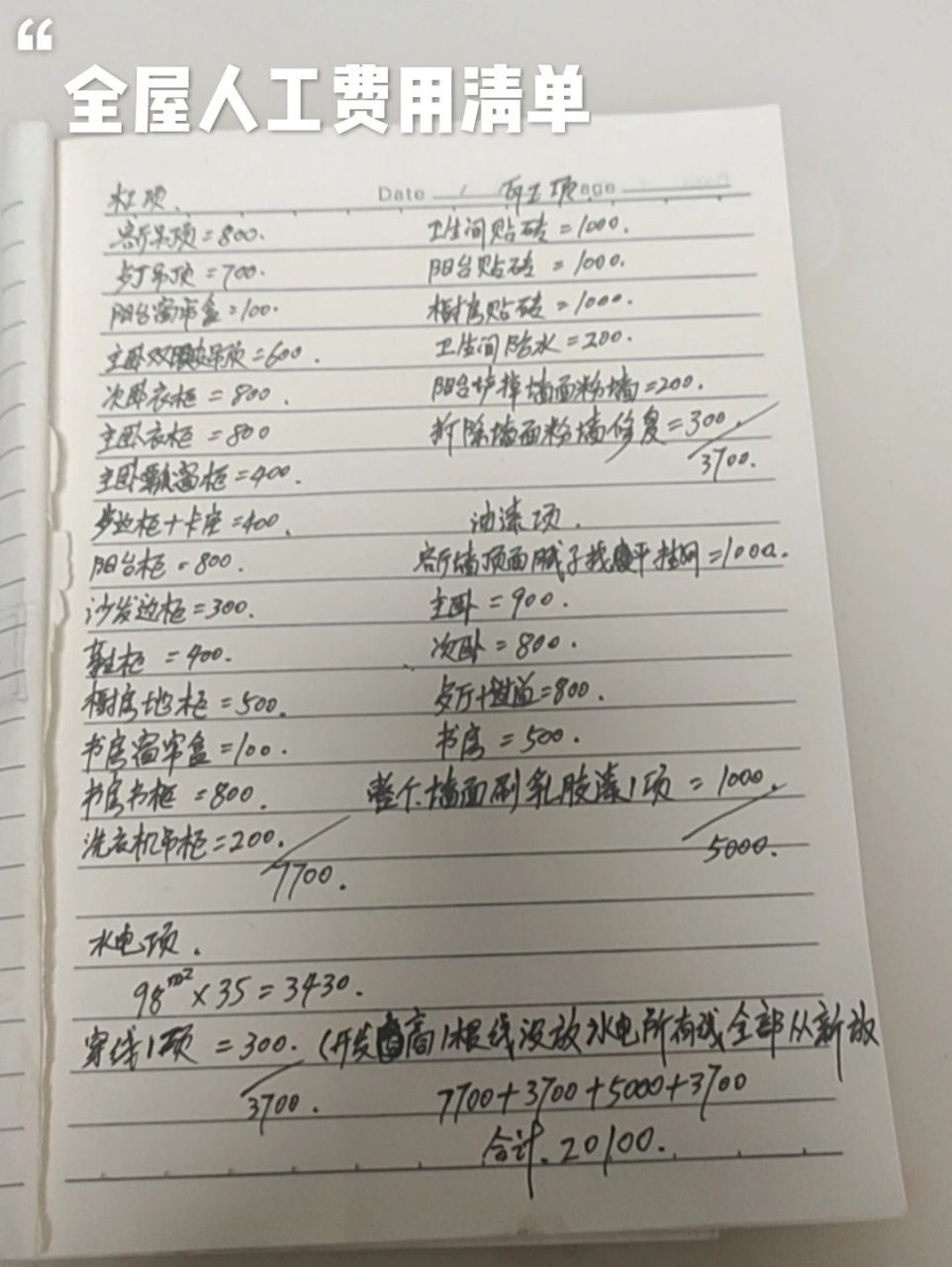 装修人工费记录(水电,瓦工,木工,油漆) 纯人工费,师傅小分队总体费用.