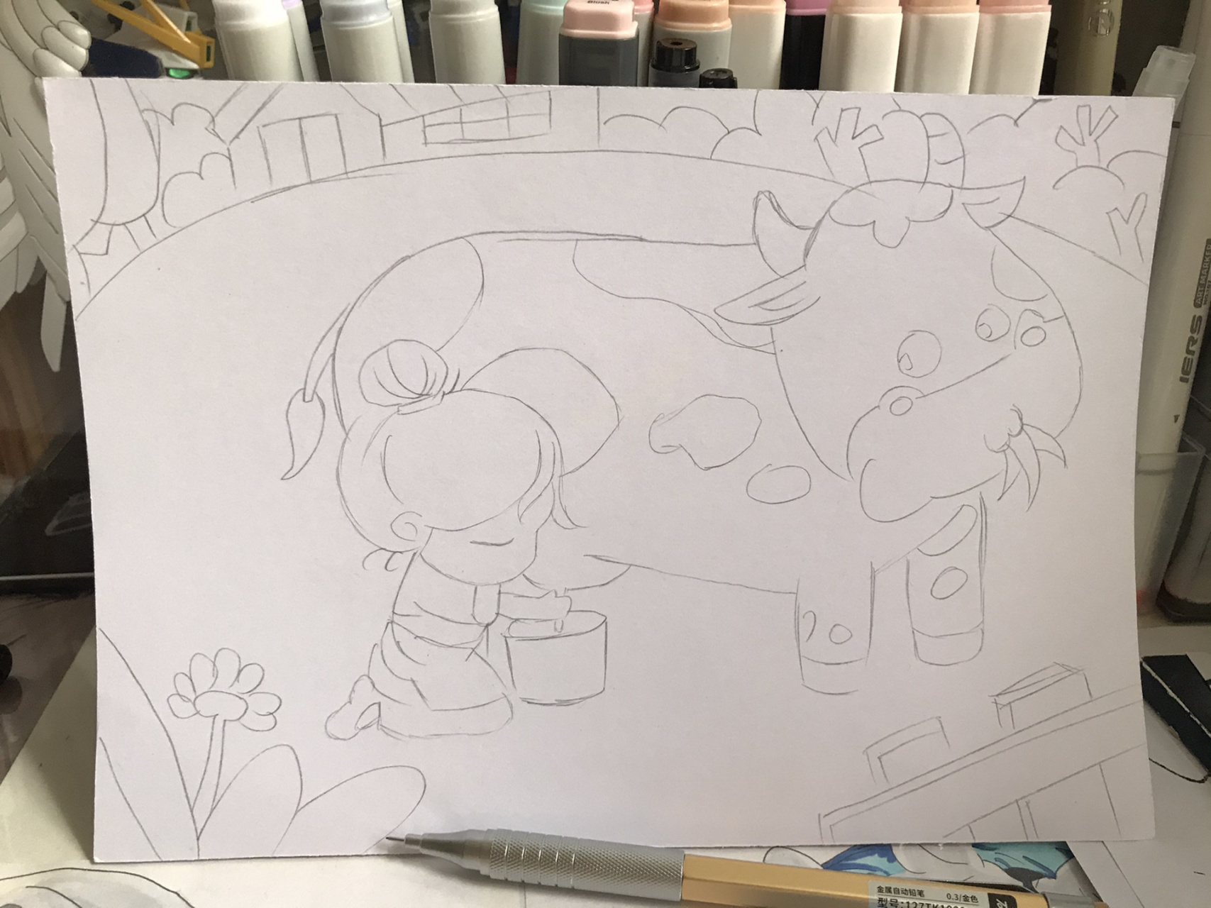 儿童画(挤牛奶) 先发线稿后续补齐,喜欢点赞评论收藏 画