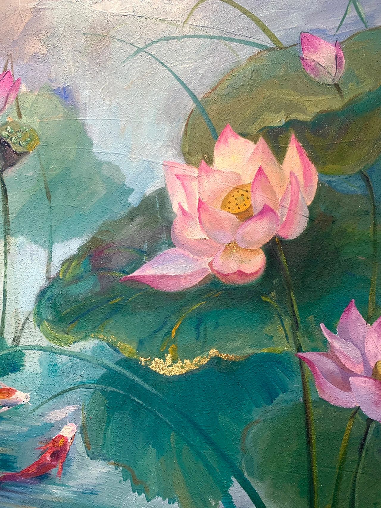 油画原创|荷花锦鲤