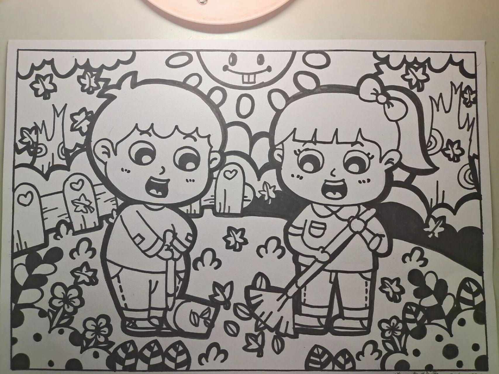 儿童画《扫地》