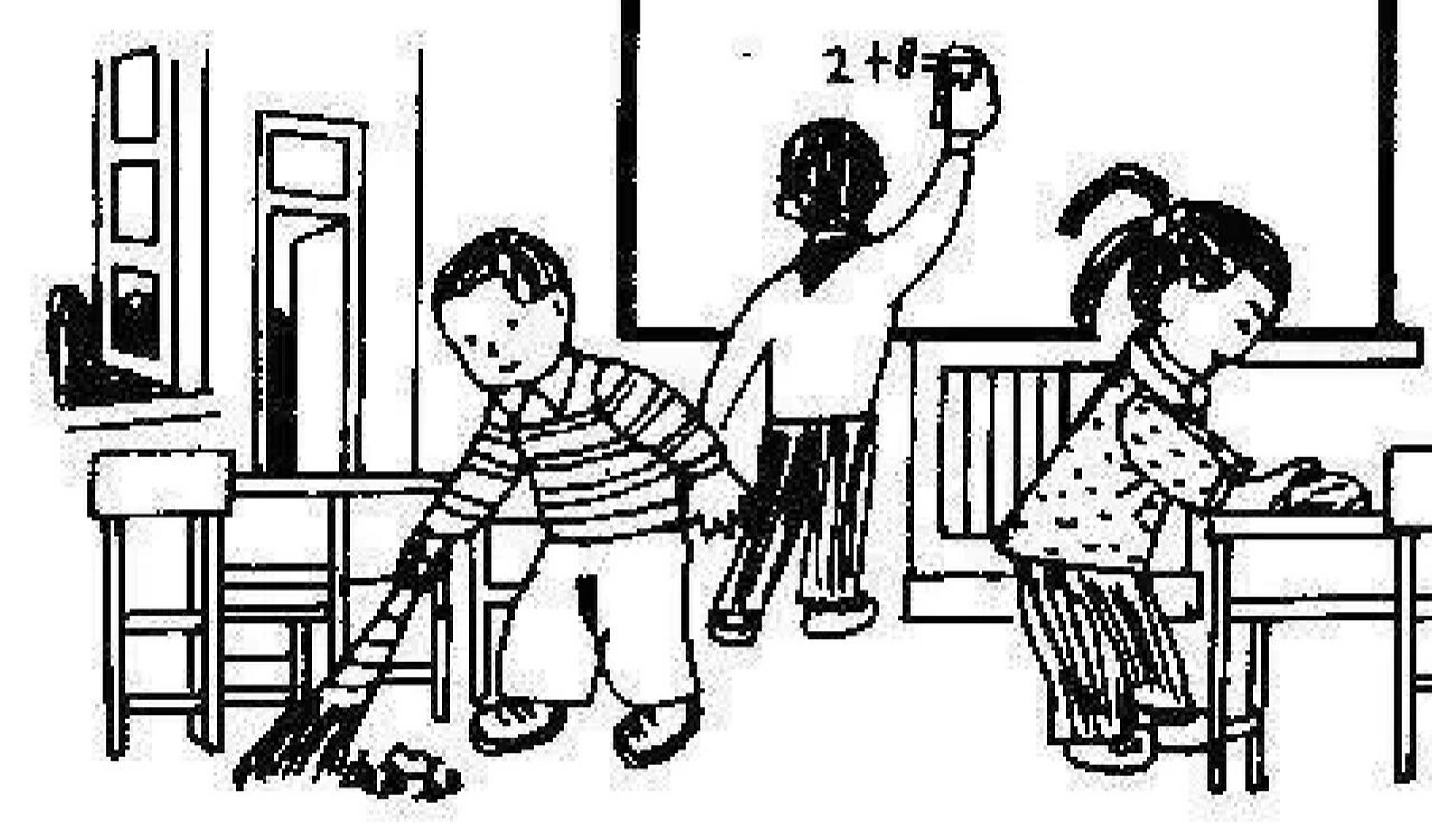 看图写话 大扫除 周五放学了,老师让几位同学留下来大扫除,老师把他们