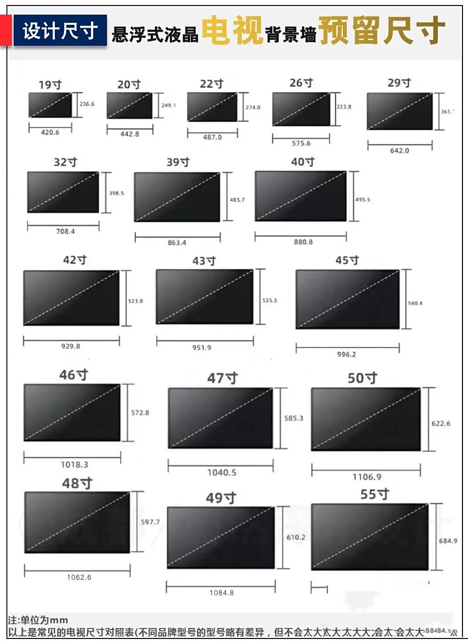 电视机尺寸图来啦 电视机尺寸,一目了然,看看你们家可以买多大的电视