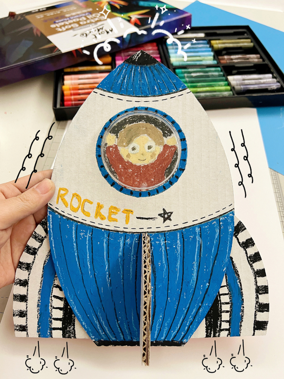 变废为宝|幼儿园纸皮画环创手工《小火箭》 材料:快递箱废纸皮,零食