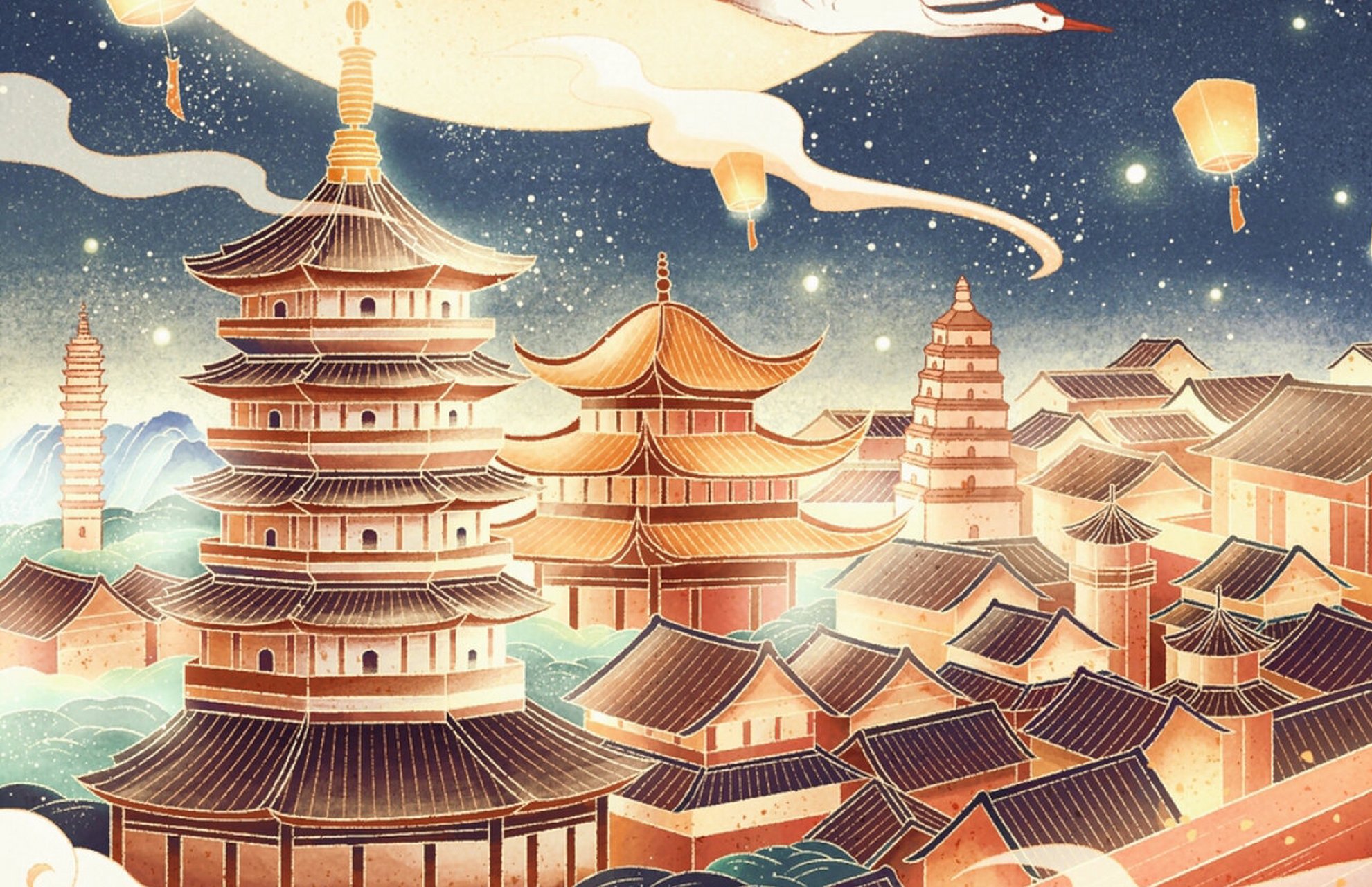 商业插画|古风夜景 灵感源于夜市观灯的热闹场景 风格中国风 工具