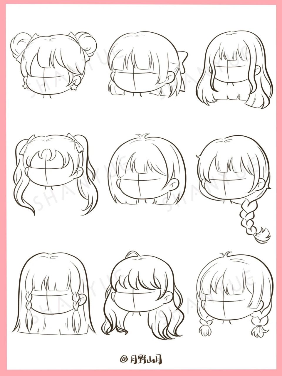 q版女生发型画法合集|女孩头发插画线稿素材 一组常见的女生发型合集