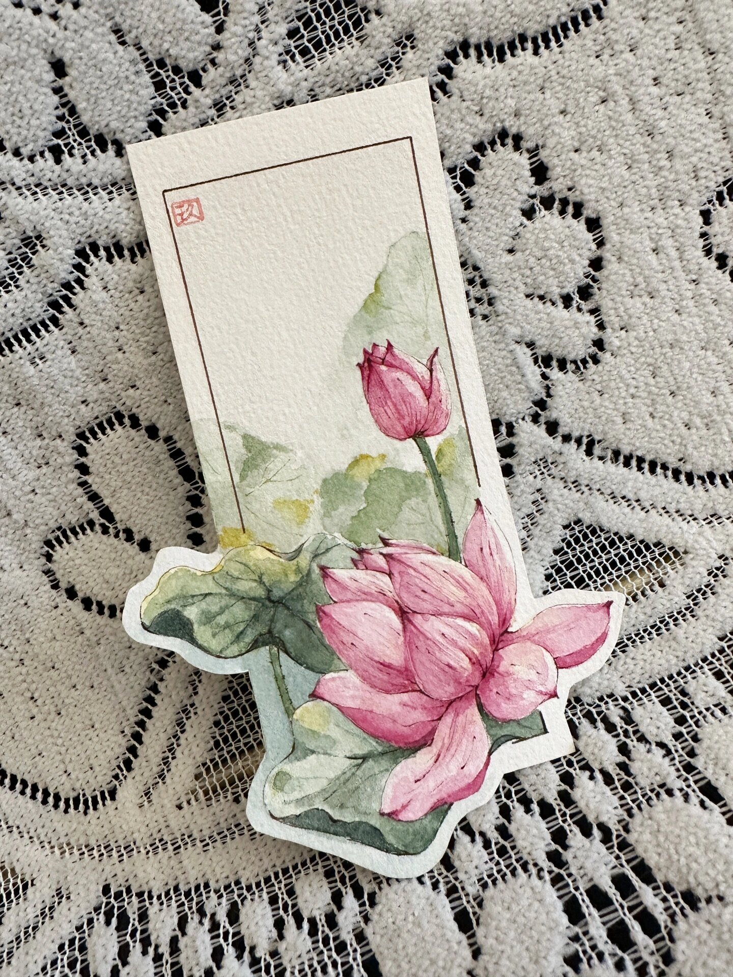 手绘钢笔淡彩书签 荷花