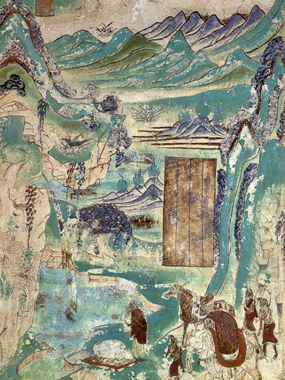 93敦煌壁画  |  山 图2:209窟 初唐 左边三重山,其间以曲折排列的