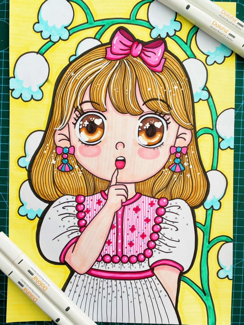 马克笔动漫女孩 q版动漫,春天,女孩,风铃花,马克笔绘画.