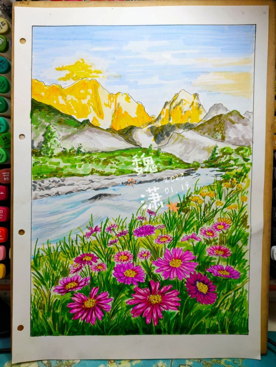 马克笔风景画《日照金山》 日照金山上色 技术不到位金山不够没,河流