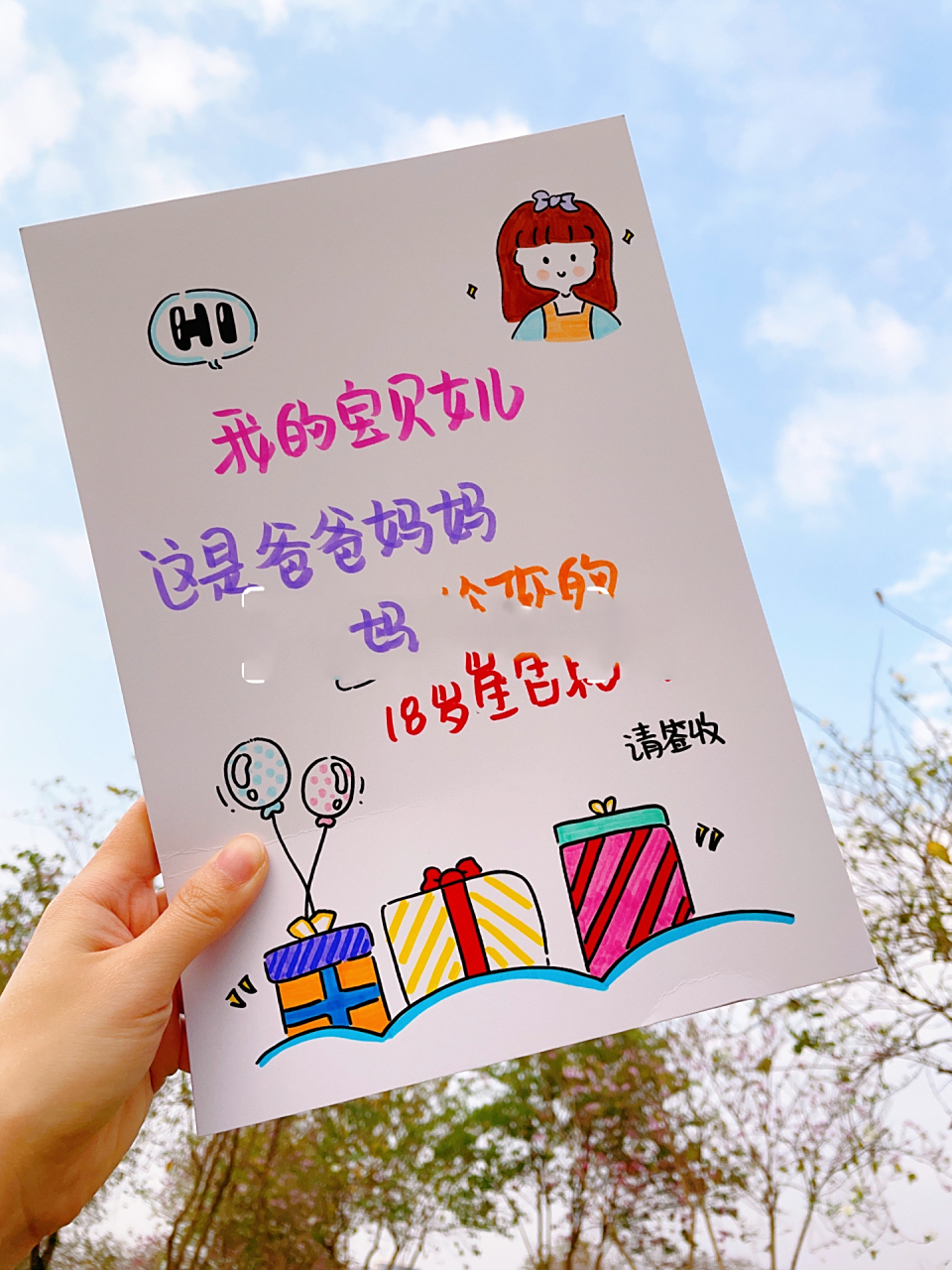 爸爸妈妈送女儿18岁生日手绘贺卡成人礼祝福