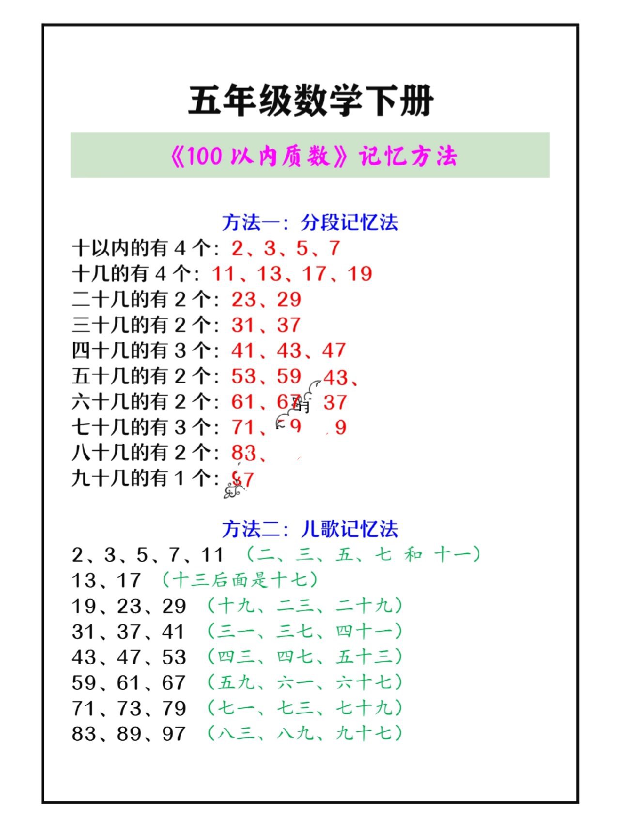 五年级数学下册《100以内质数》记忆口诀歌