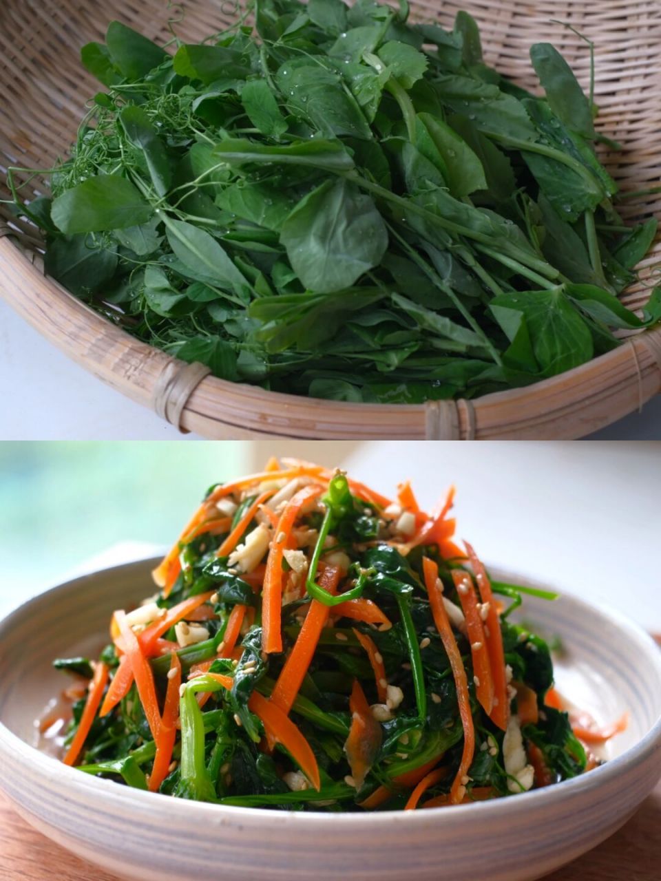 家常菜素菜100道79|凉拌豌豆尖 92 	 食材:豌豆尖 胡萝卜 熟白芝麻