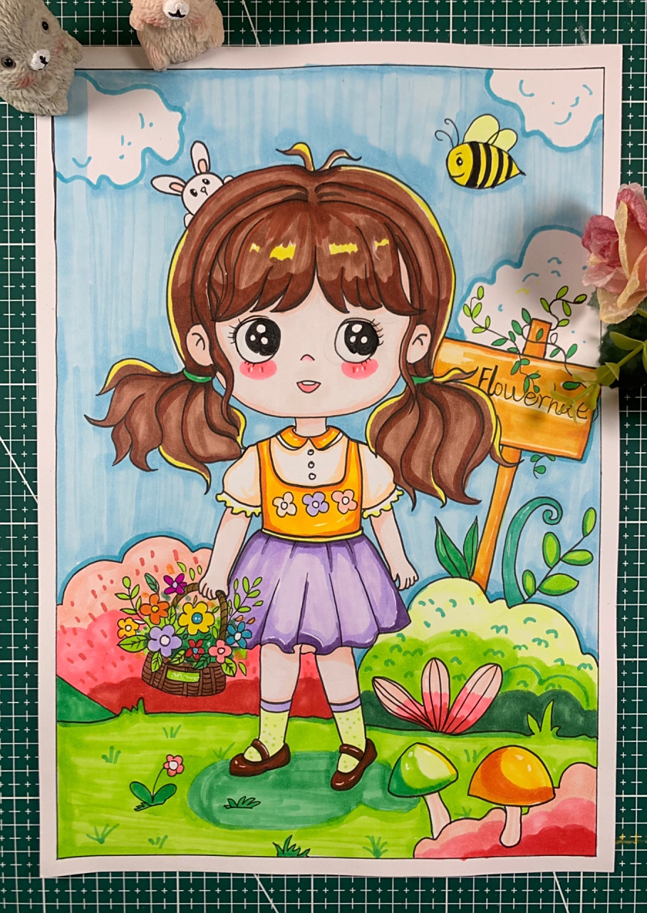 儿童画人物 花篮女孩