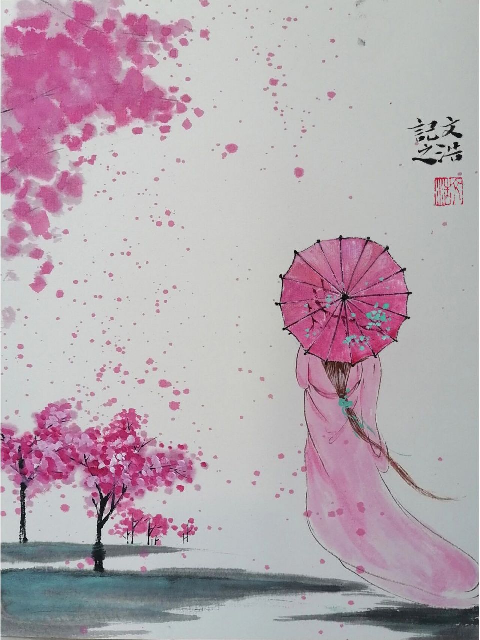 撑伞女孩国画教程-步骤图-笔记 《梦里花落知多少》 工具:毛毡,笔洗