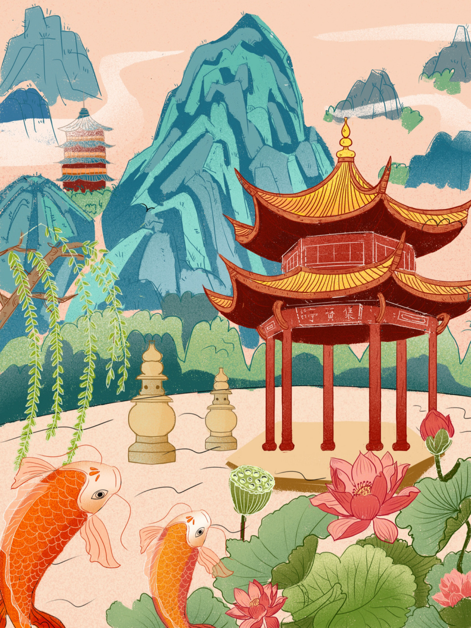 城市建筑|杭州西湖自然风光插画 杭州西湖篇～ 喜欢的小伙伴记得给个