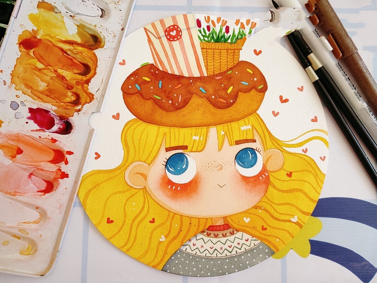 水彩人物插画/甜甜圈小女孩/附线稿过程图