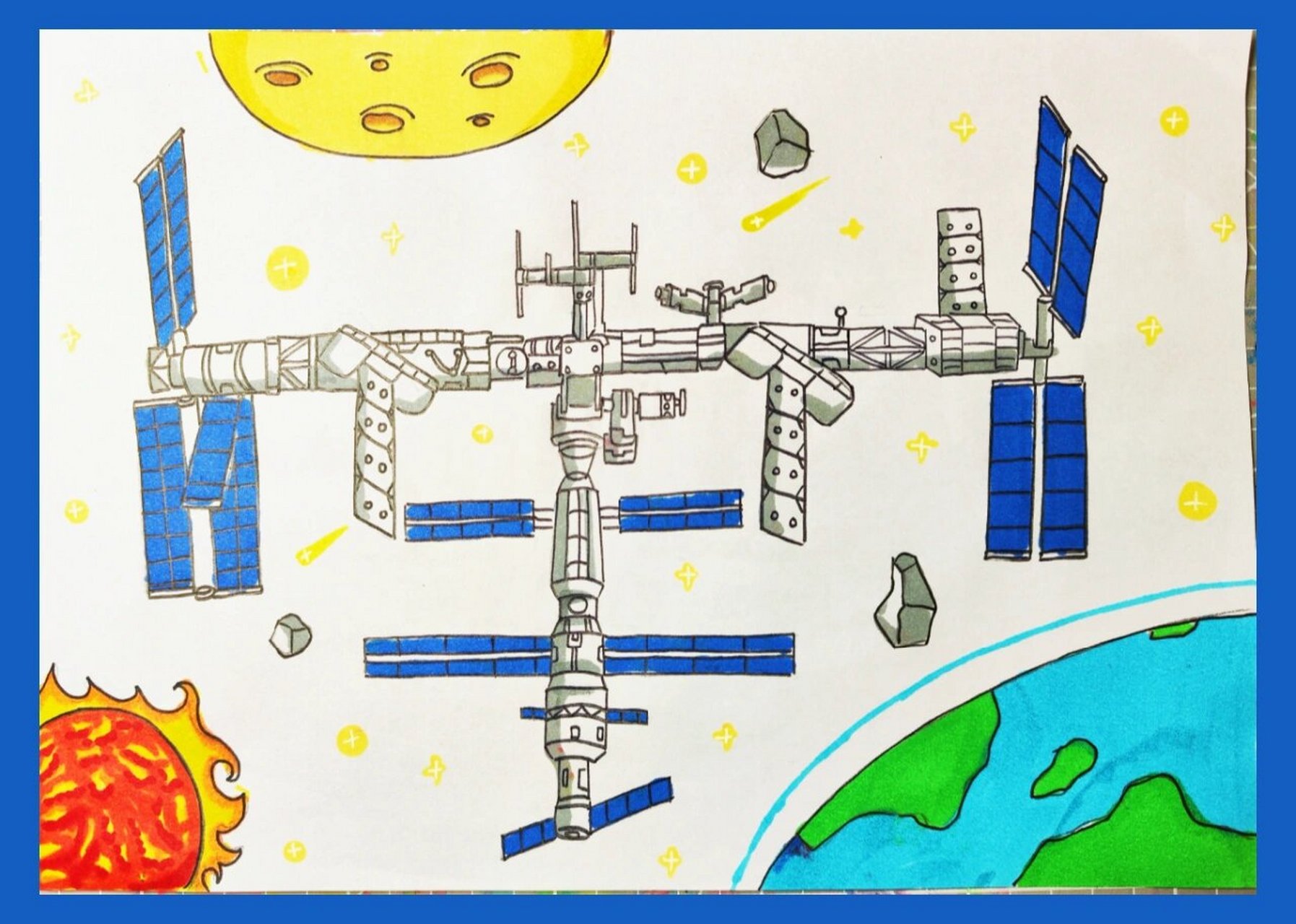 航天儿童画|宇宙空间站 适合发烧友孩子,线条多,所以两节课才画完.