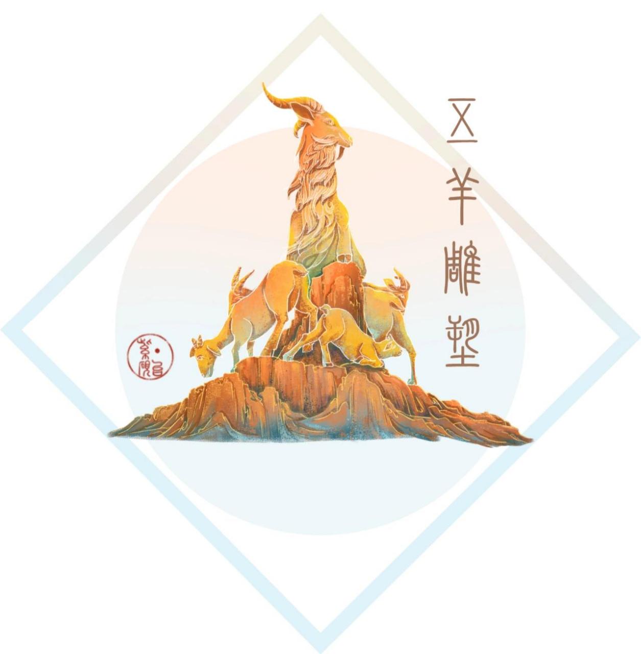广州插画 国潮 新国风 原创 新国风插画 五羊雕像 猎德大桥 天后宫