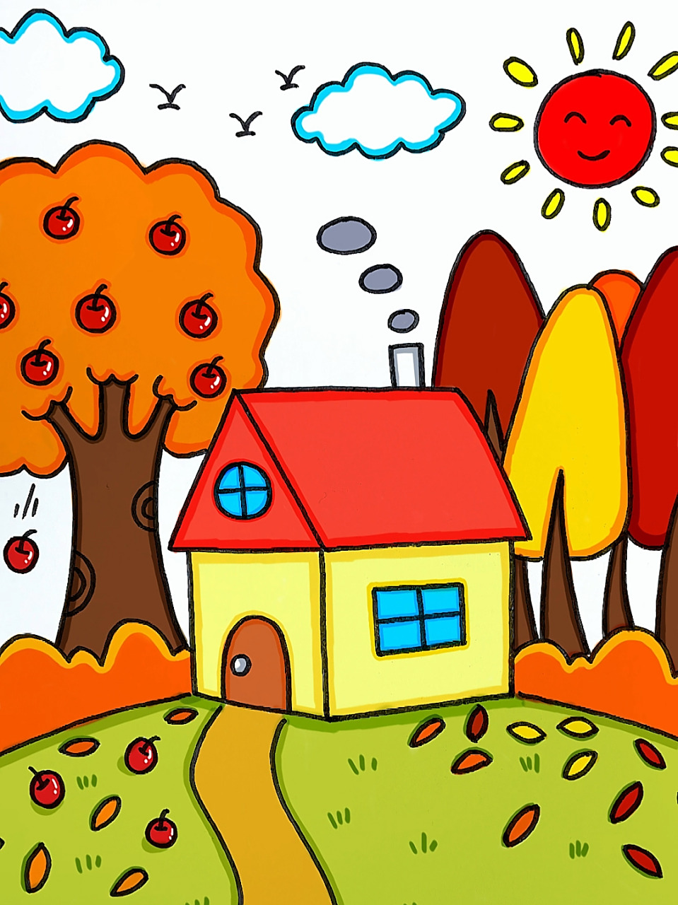 秋天的小房子简笔画 画一幅秋天的小房子吧,这样画简单又好看