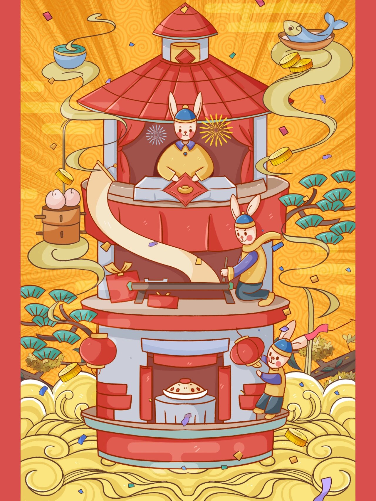 93今日给大家分享一组兔年主题竖版海报素材,红彤彤喜气洋洋～ 98