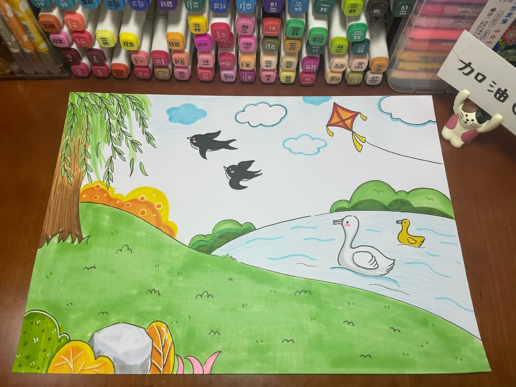 春天主题绘画 儿童画 一个超级简单是春天儿童画 a4白卡纸 马克笔