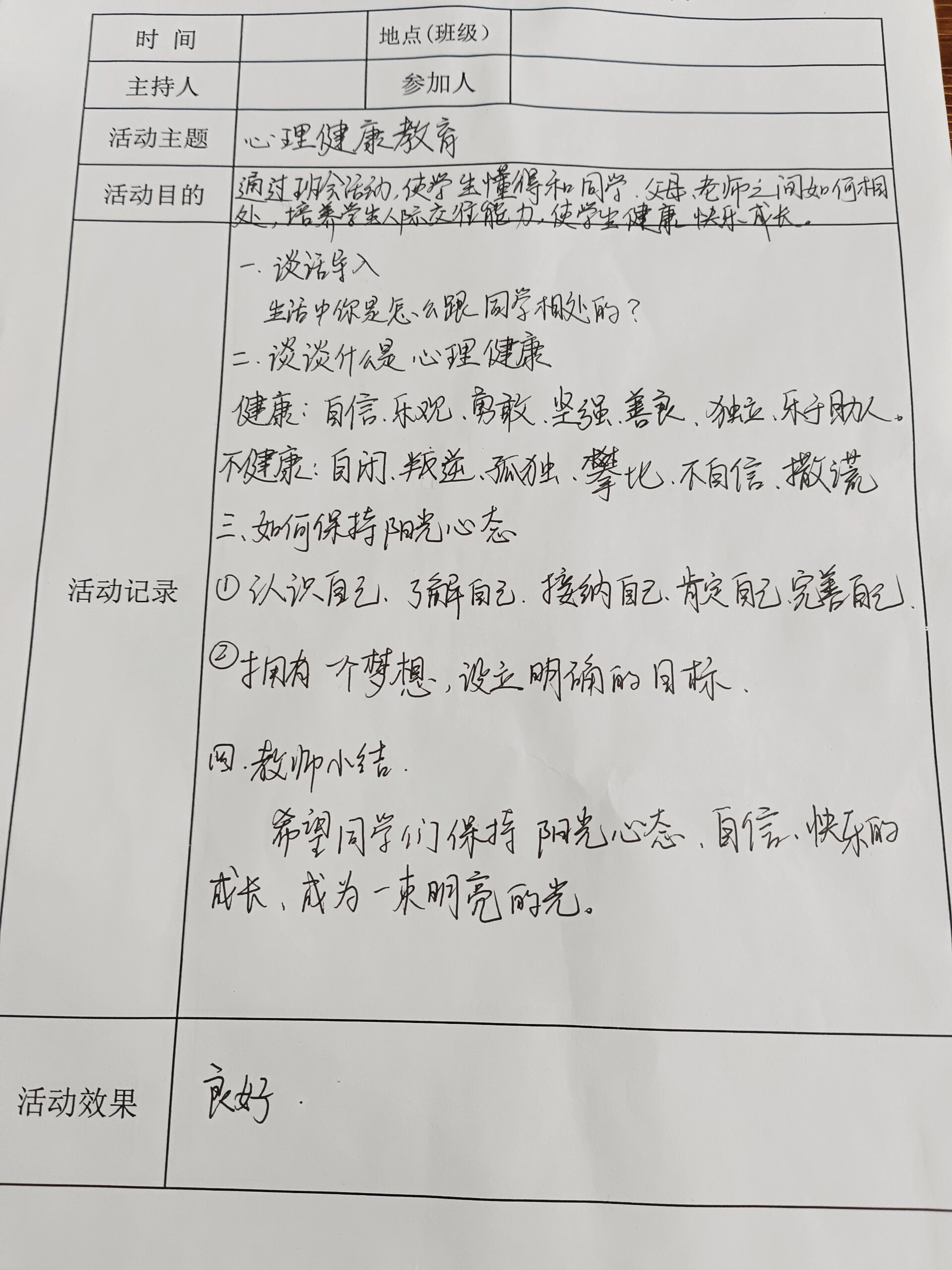 心理健康教育主题班会记录表