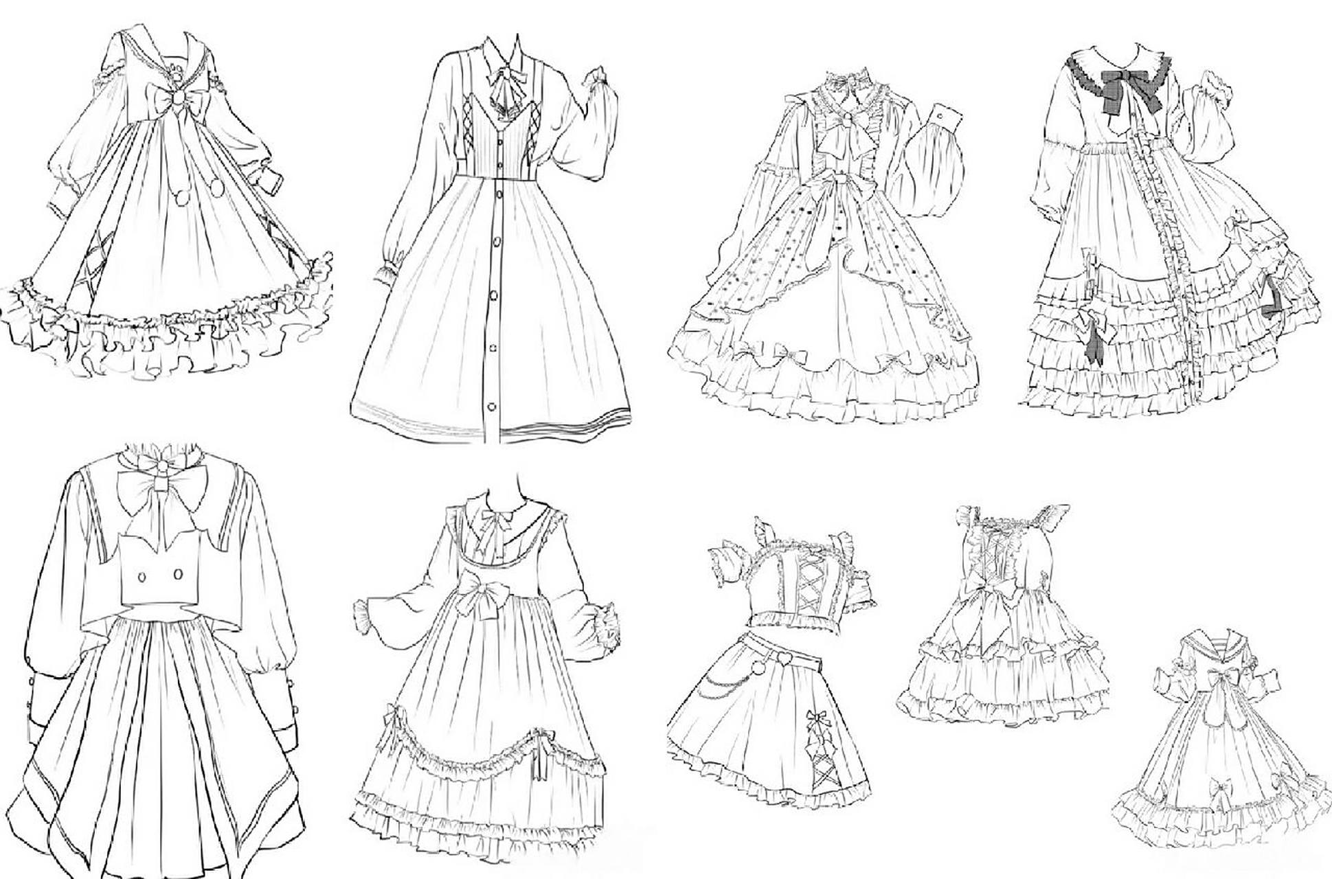 服装设计|洛丽塔线稿合集 欧洲宫廷洛丽塔洋装服饰手绘动漫公主线稿