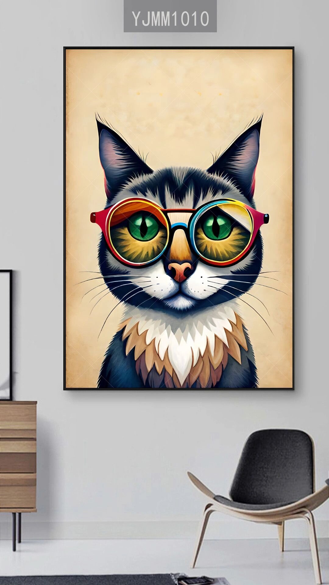 可爱戴眼镜猫咪动物卡通家居装饰画设计素材