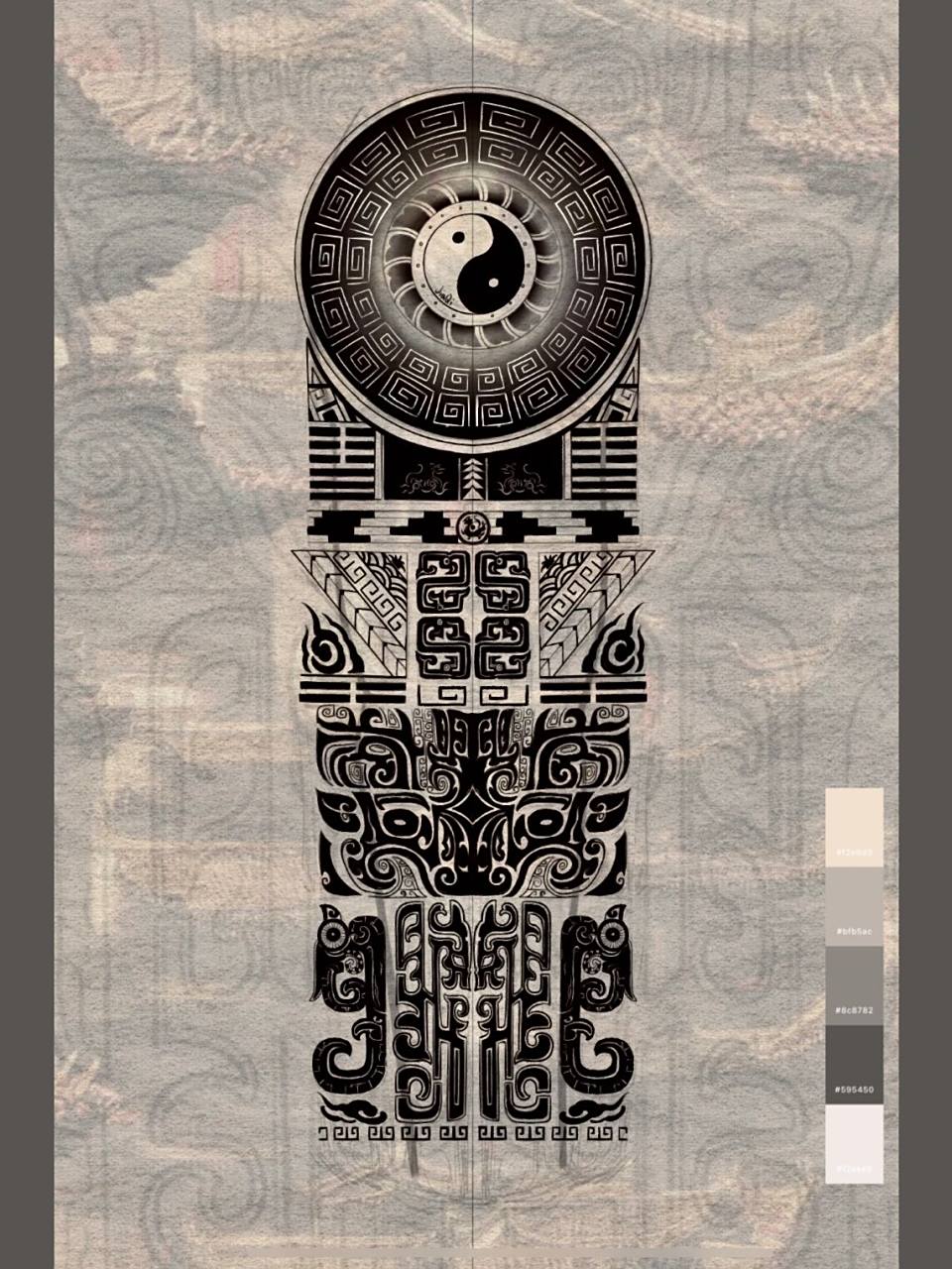 中国图腾丨阴阳花臂纹身手稿系列 客人要求 中国图腾 阴阳 道家 客人