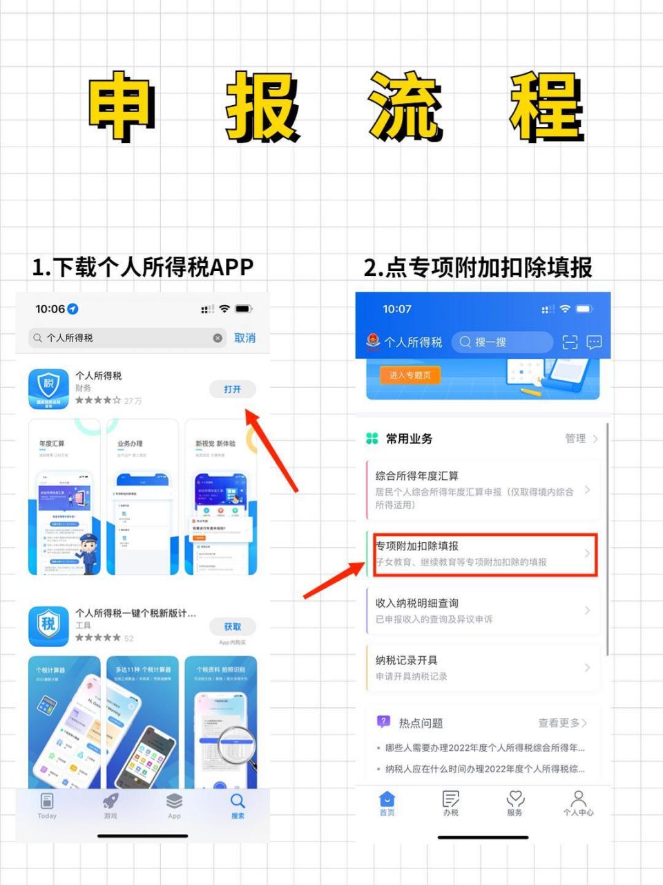 96申报流程 1.下载-个人所得税app 	 2.点专项附加扣除填报 	 3.