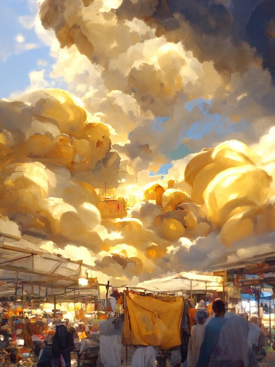 ai画画:天上的街市 金色的光照耀在街市上,这街市便成了天上的街市