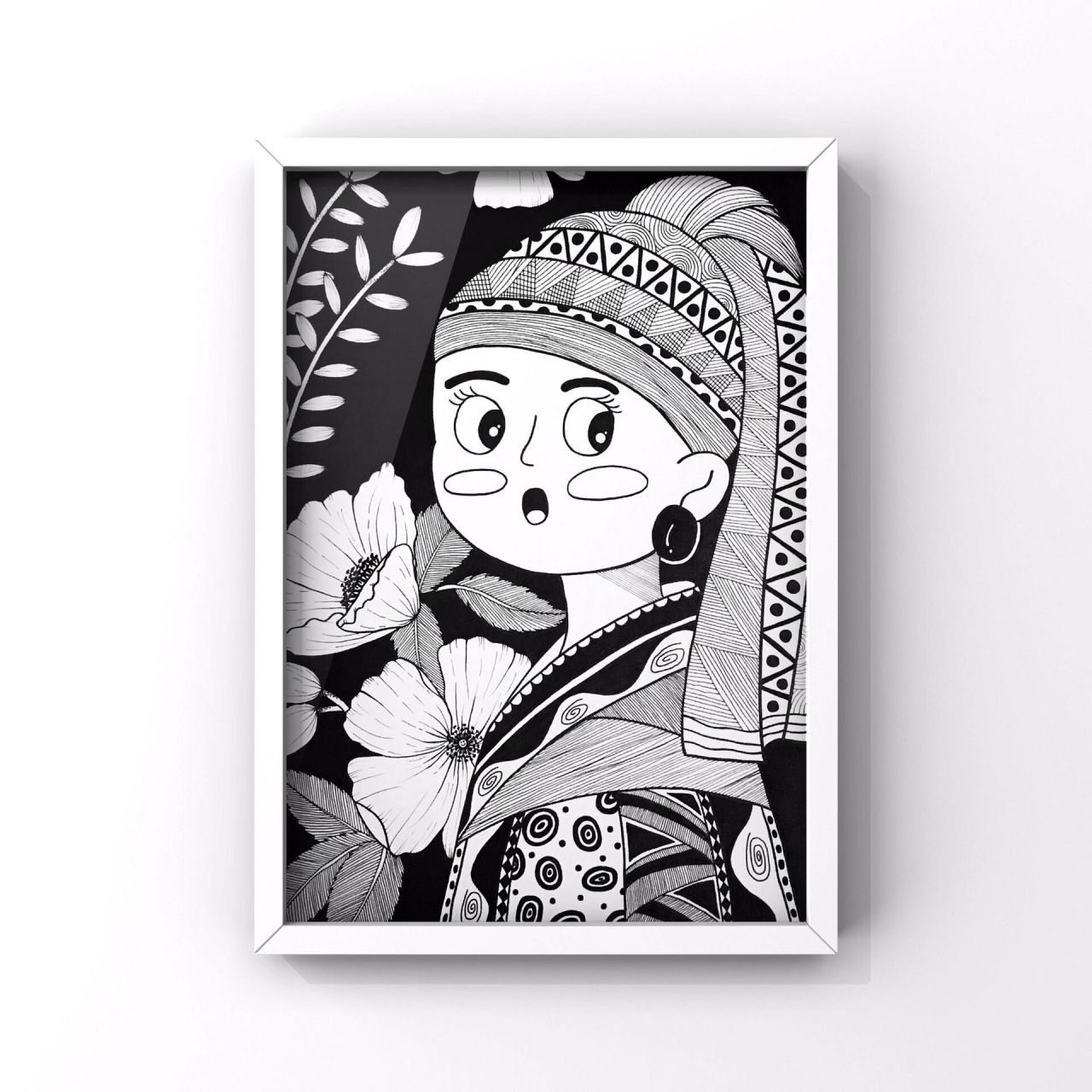 黑白装饰画|名画转线描《戴珍珠耳环的少女》 画笔:樱花针管笔0.