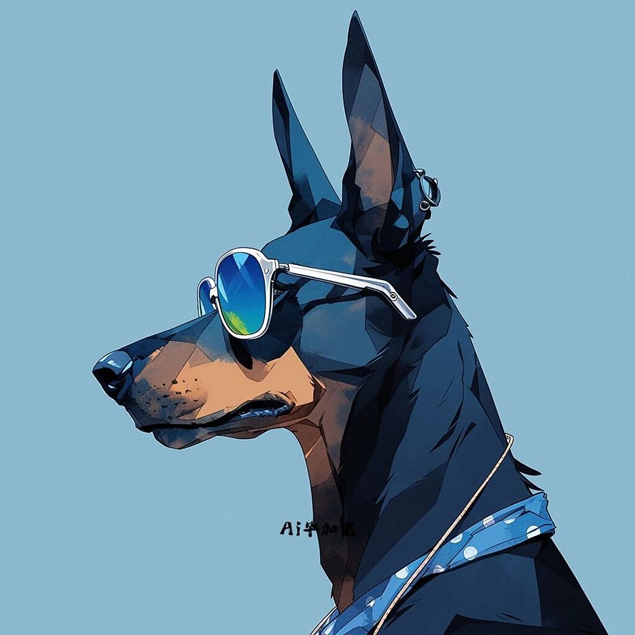 蓝色风暴97戴眼镜的杜宾犬头像插画 杜宾真的好飒哇,不愧是警犬.