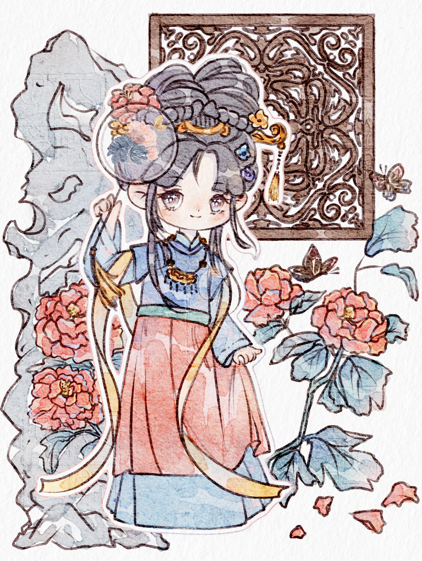 ipad水彩||宝钗扑蝶(冷色系) 金陵十二钗之薛宝钗 宝钗扑蝶成图来了