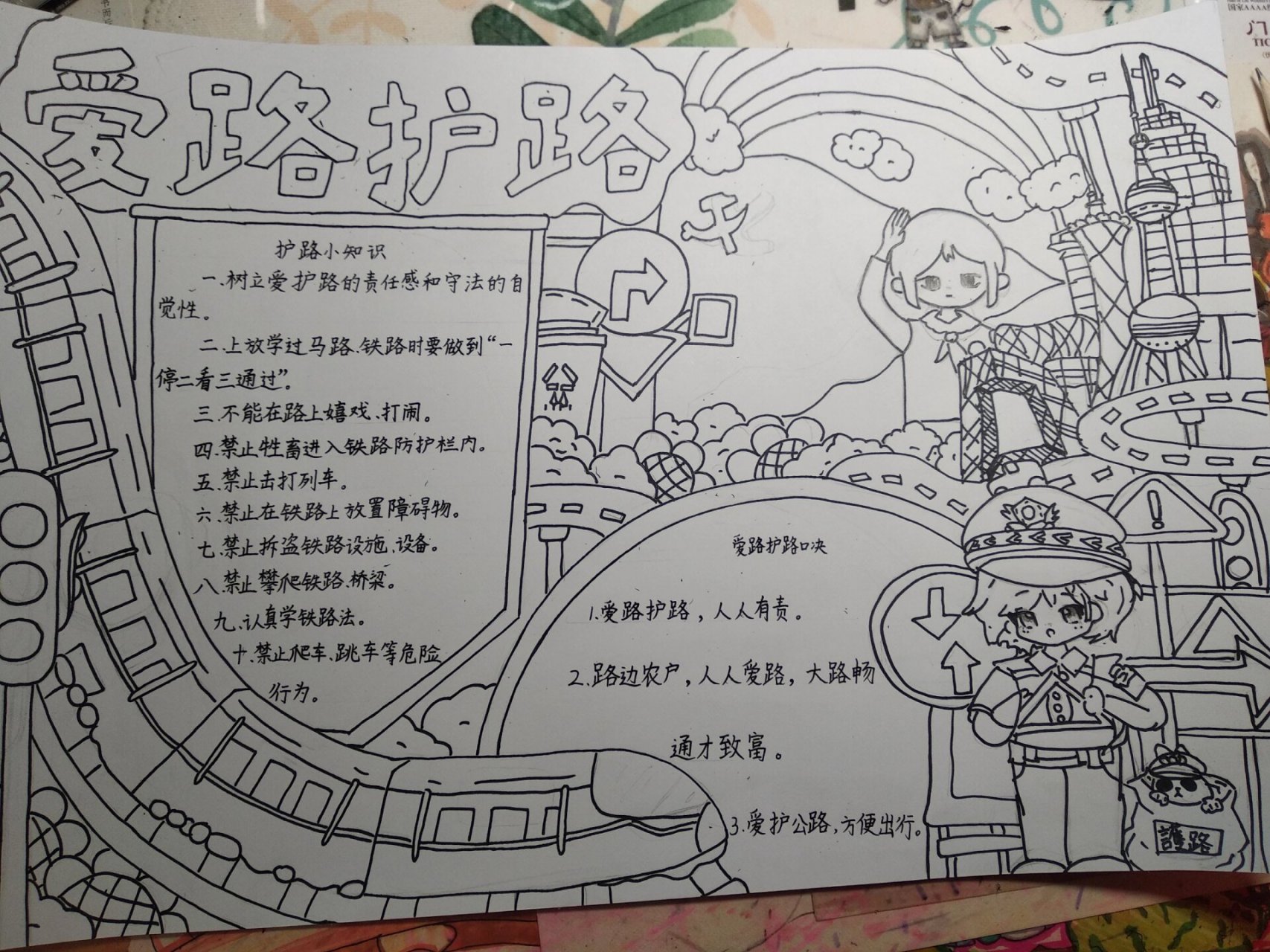 爱路护路手抄报线稿.