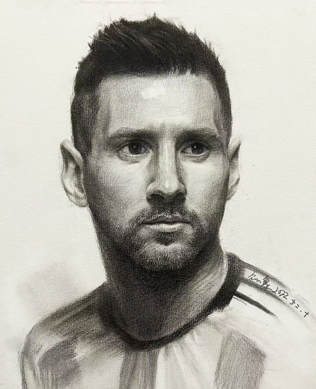 超详细素描梅西头像教学步骤,o基础也能画   用中炭定一个最高线头顶