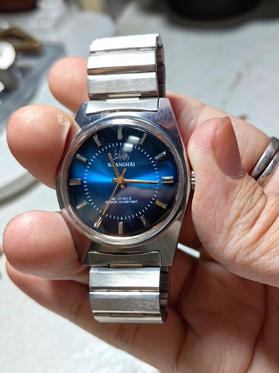 70年代上海牌手表7120彩盘 1979年制造,7120统一机芯,全钢防震,拉丝