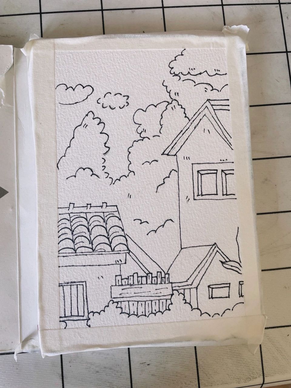 水彩画 肃静的小山村