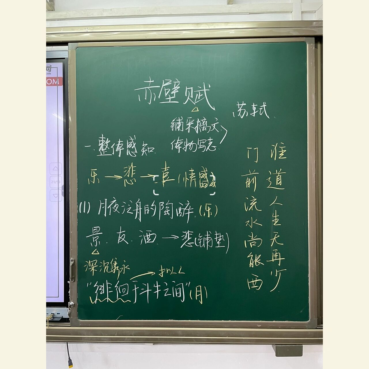 部编高一必修上《赤壁赋》板书 三个课时才讲完 讲苏子瞻还是痛快