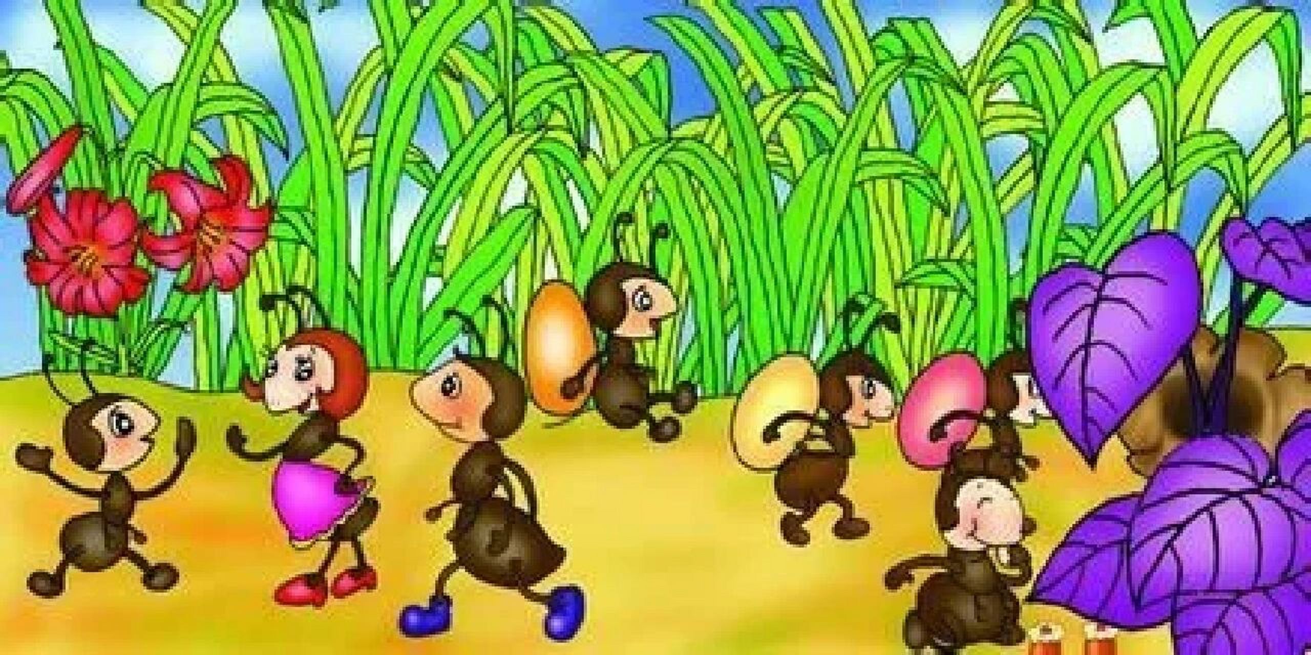 看图写话 小蚂蚁搬骨头 有一天早上,天空万里无云,春风拂面,路上长满