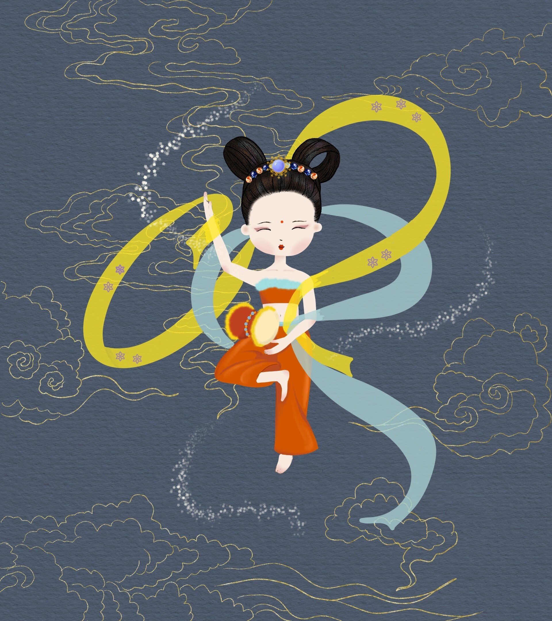 插画|敦煌小飞天系列～ 小飞天系列一共10张,有粘土人偶版和绘画版