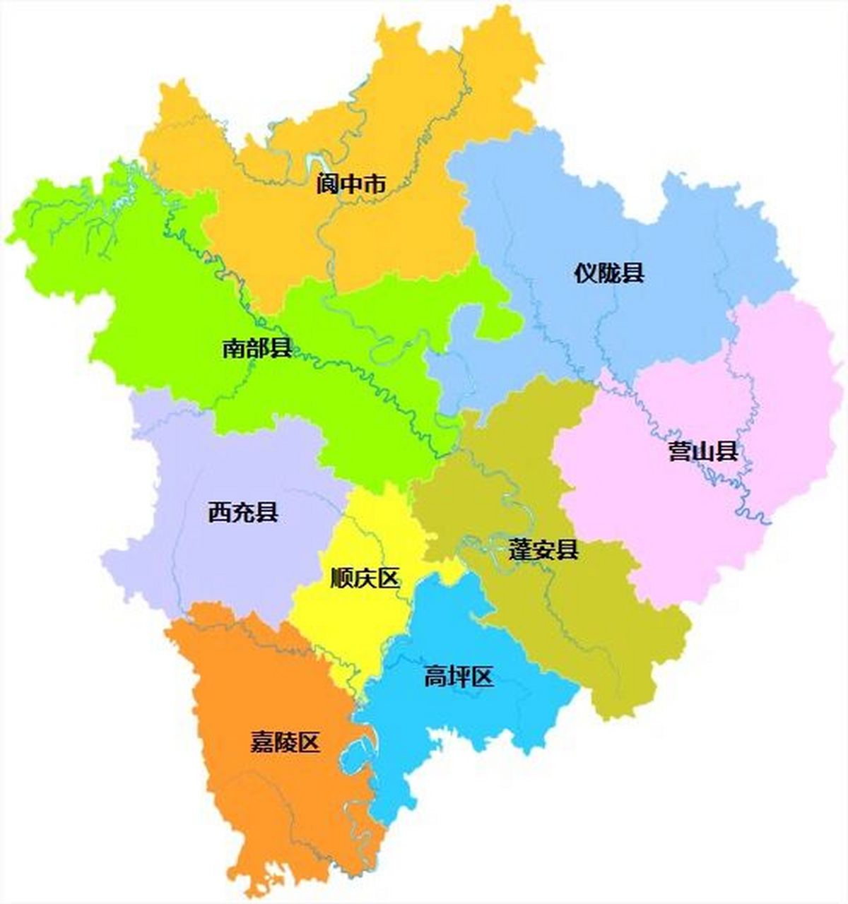 南充全市划分为 3个区:顺庆区,嘉陵区,高坪区; 5个县:南部县,仪陇