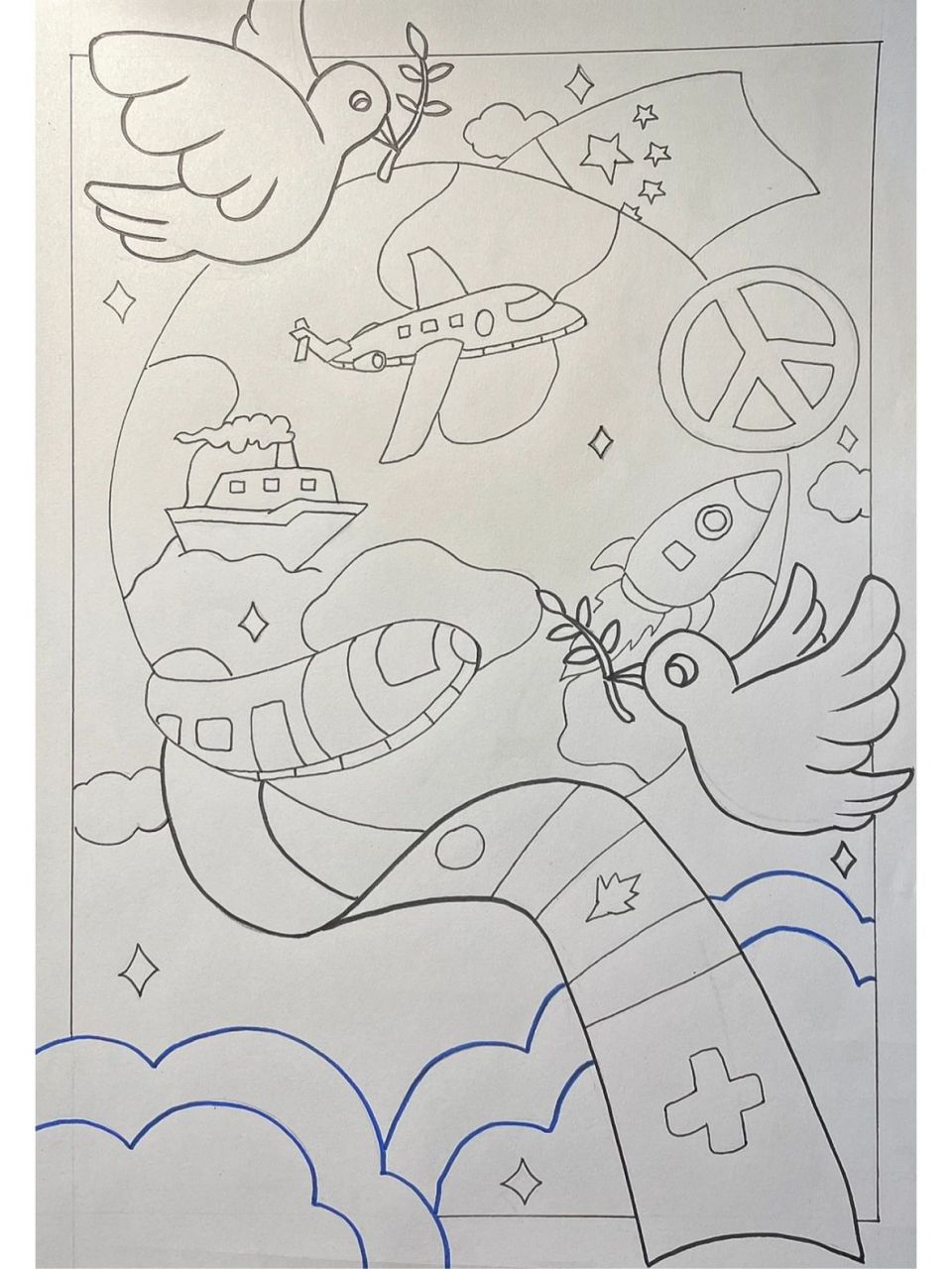 马克笔手绘 -和平主题绘画 《大爱星空》 作品以"和平"为主题,选取了