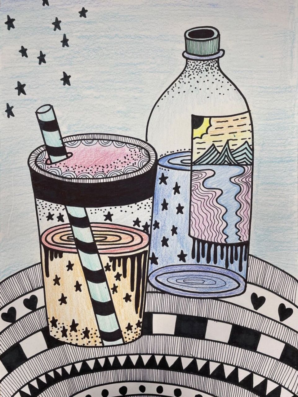 彩铅儿童画# #简笔画# #创意美术儿童画# #线描# #饮料# #瓶子