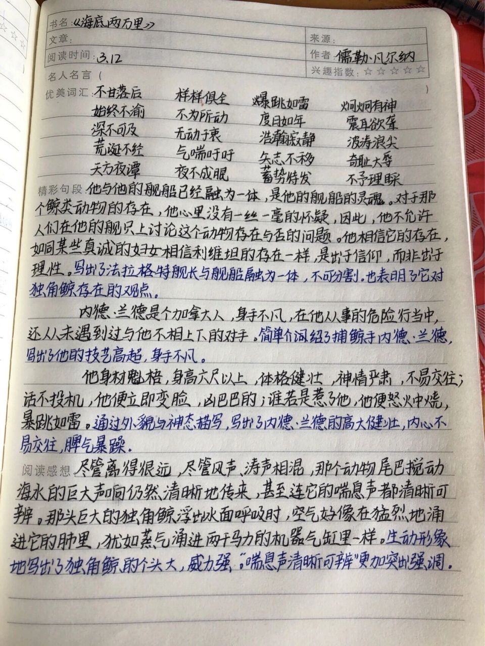 《海底两万里》4到6章读书笔记 海底两万里读书笔记,原创可借鉴 字丑