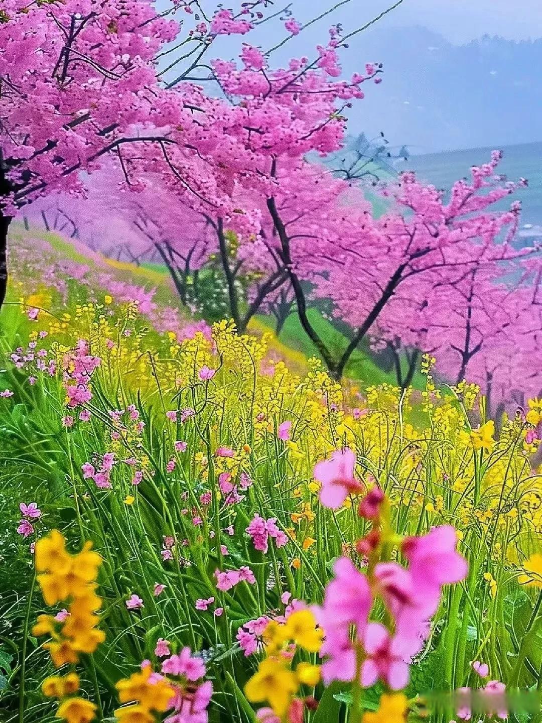 油菜花黄樱花粉, 桃花蓄势待春令. 疾患突袭虚弱身, 遥望郊外花争 