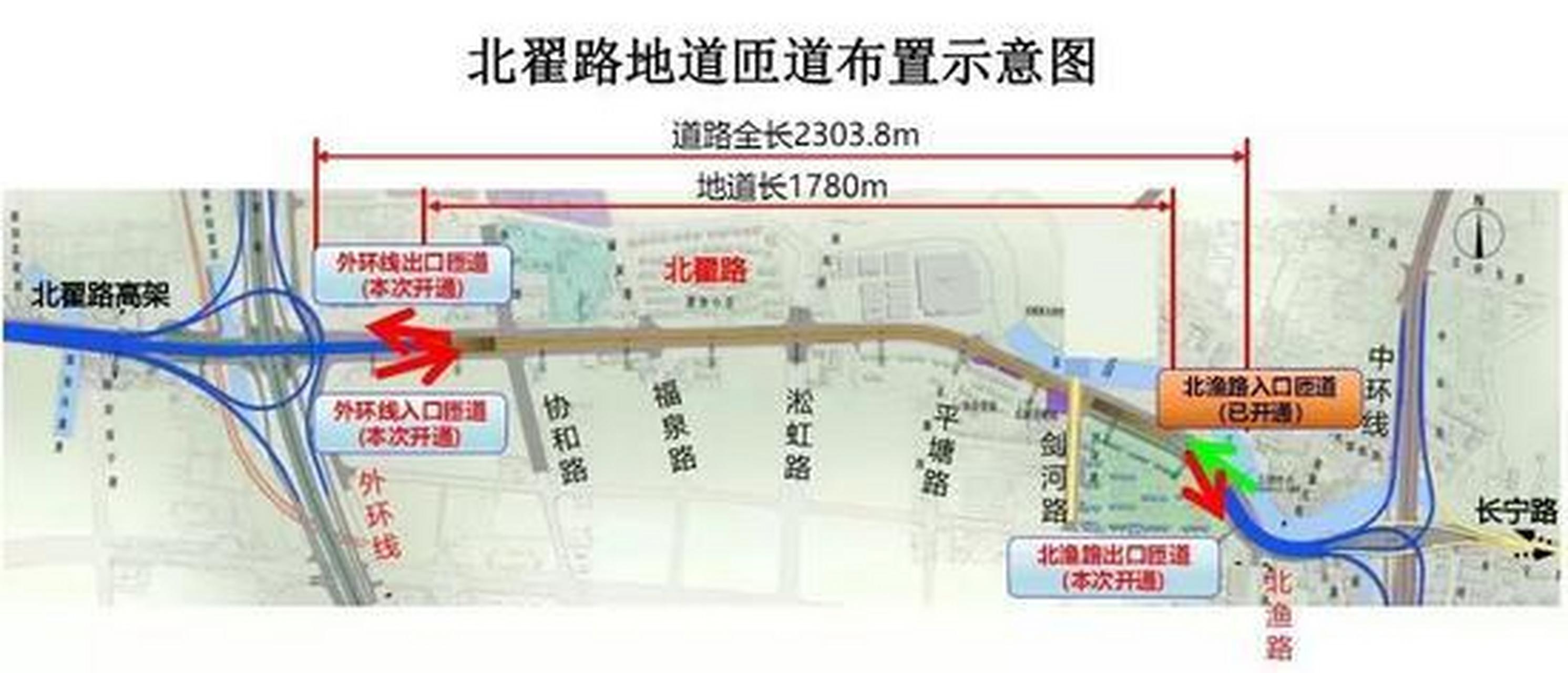 中环往北翟高架路虹桥枢纽方向,南向西和北向西各2条车道,共计4车道